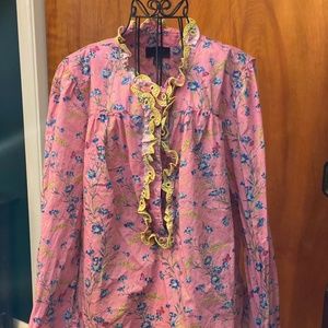 J Crew pink floral top with ruffle trim
